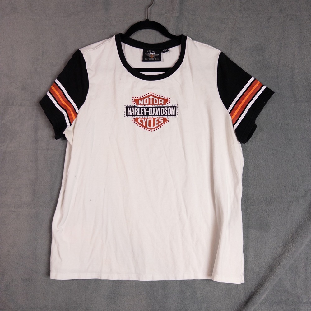 Harley-Davidson Ringer Tee Women 2XL White Black Rhinestone Logo Good Condition